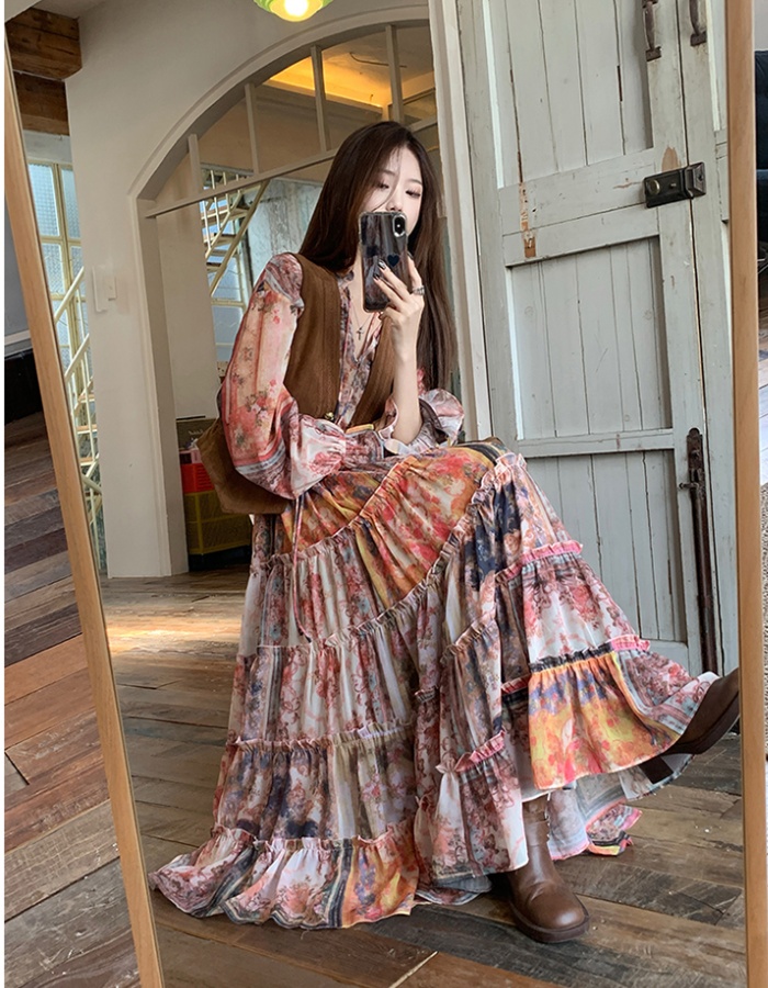 Retro big skirt long dress temperament large yard dress a set