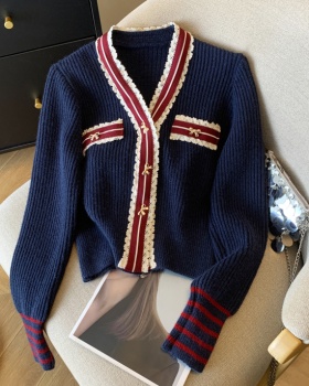 V-neck bow cardigan stripe knitted sweater for women