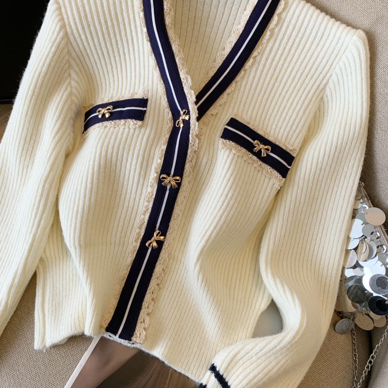 V-neck bow cardigan stripe knitted sweater for women