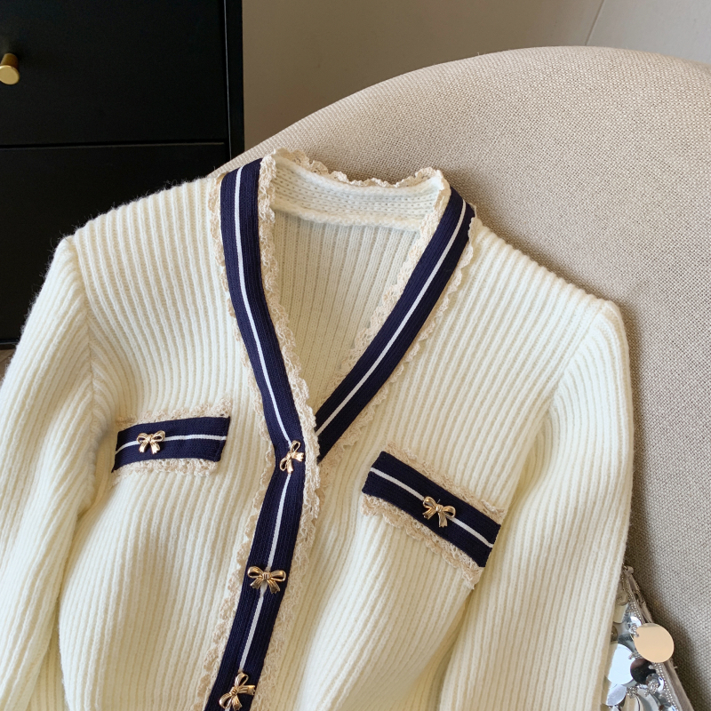 V-neck bow cardigan stripe knitted sweater for women