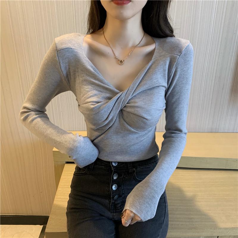 V-neck bottoming slim sweater cross autumn and winter tops