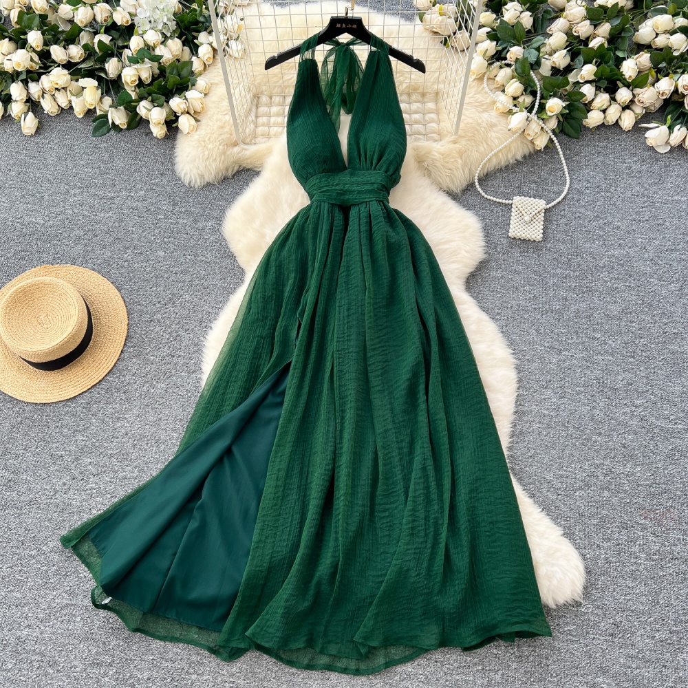 Pinched waist long dress V-neck dress for women