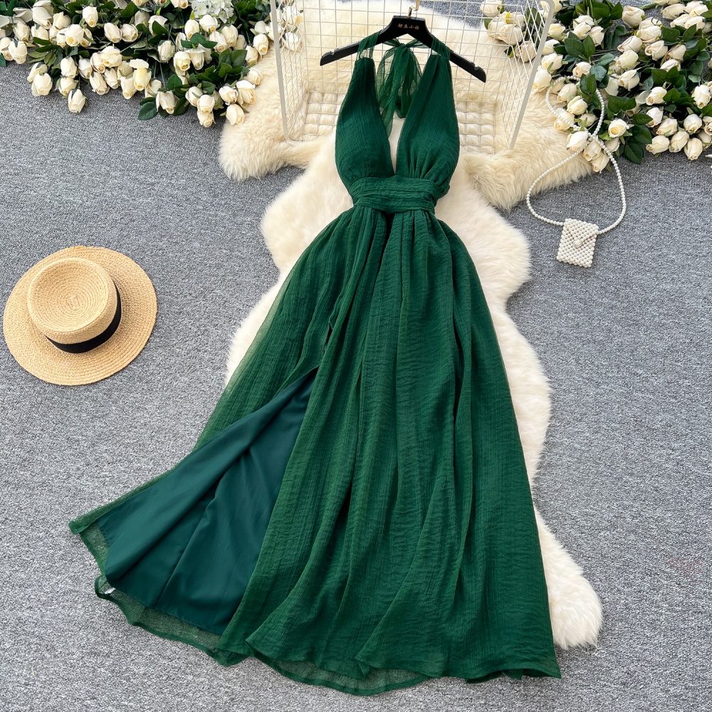 Pinched waist long dress V-neck dress for women