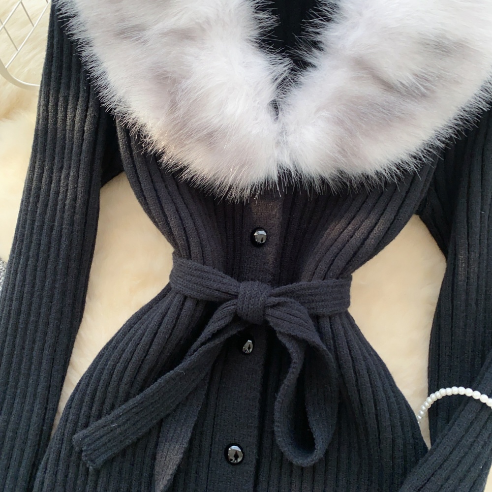 Fur collar sweater dress pinched waist dress for women