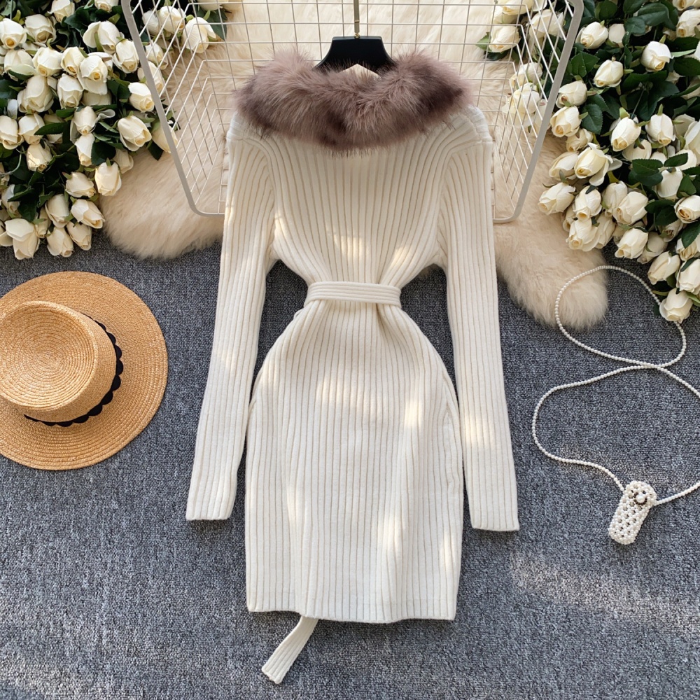 Fur collar sweater dress pinched waist dress for women