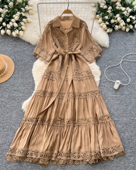 Hollow retro long short sleeve court style niche dress