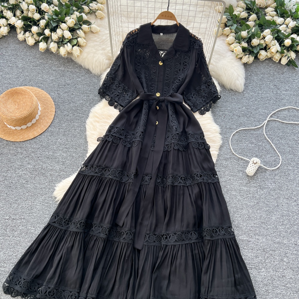 Hollow retro long short sleeve court style niche dress