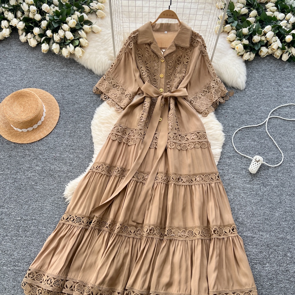 Hollow retro long short sleeve court style niche dress