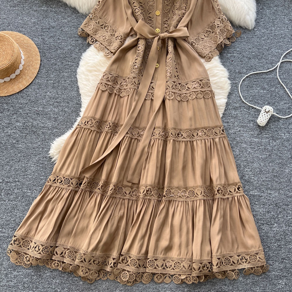 Hollow retro long short sleeve court style niche dress