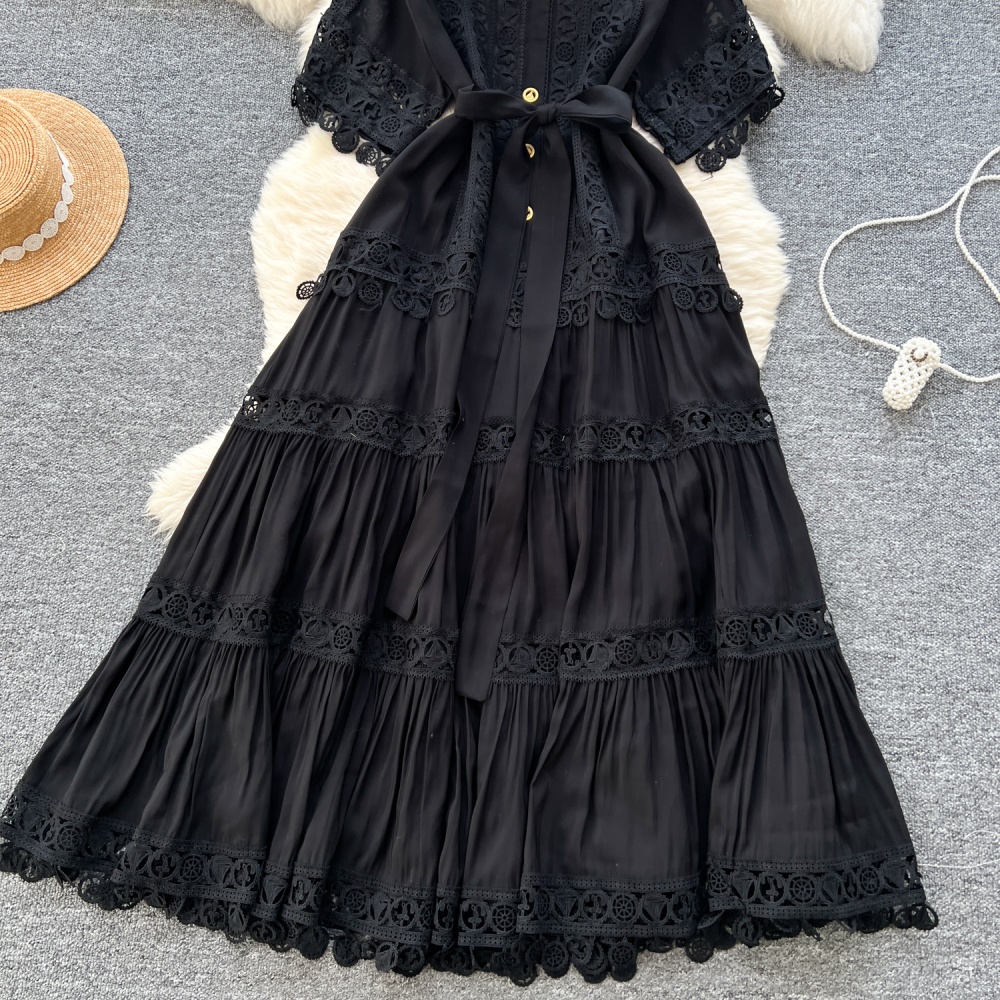 Hollow retro long short sleeve court style niche dress