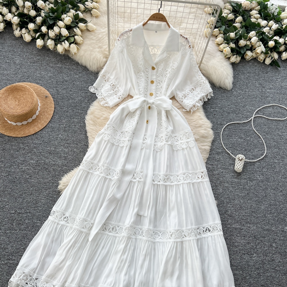 Hollow retro long short sleeve court style niche dress