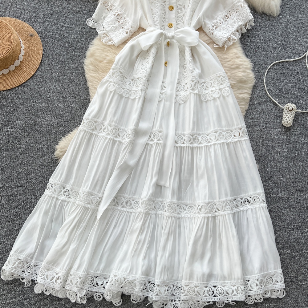 Hollow retro long short sleeve court style niche dress