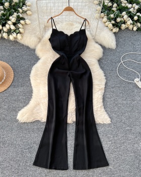 High waist retro long pants wavy edge jumpsuit for women