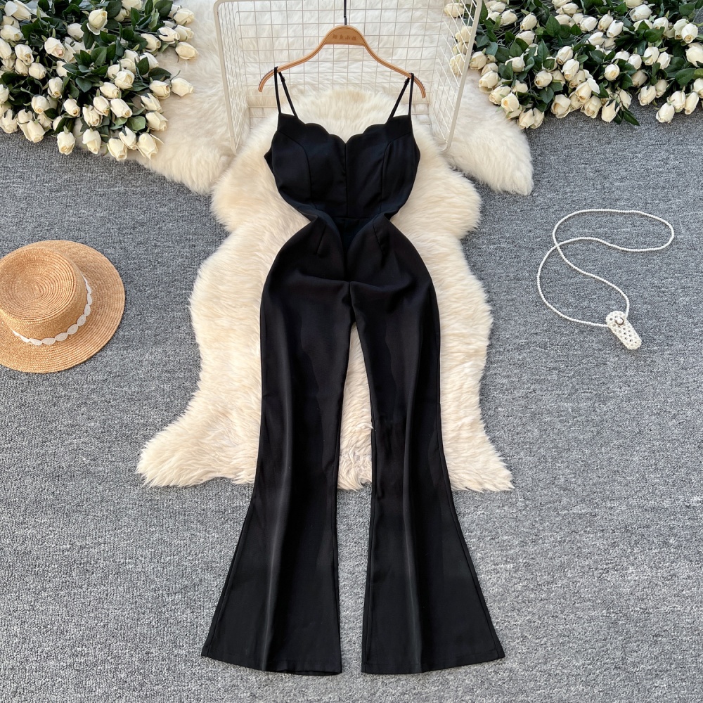 High waist retro long pants wavy edge jumpsuit for women