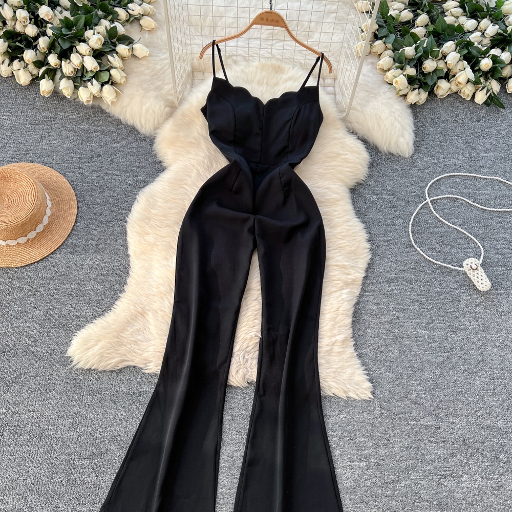 High waist retro long pants wavy edge jumpsuit for women