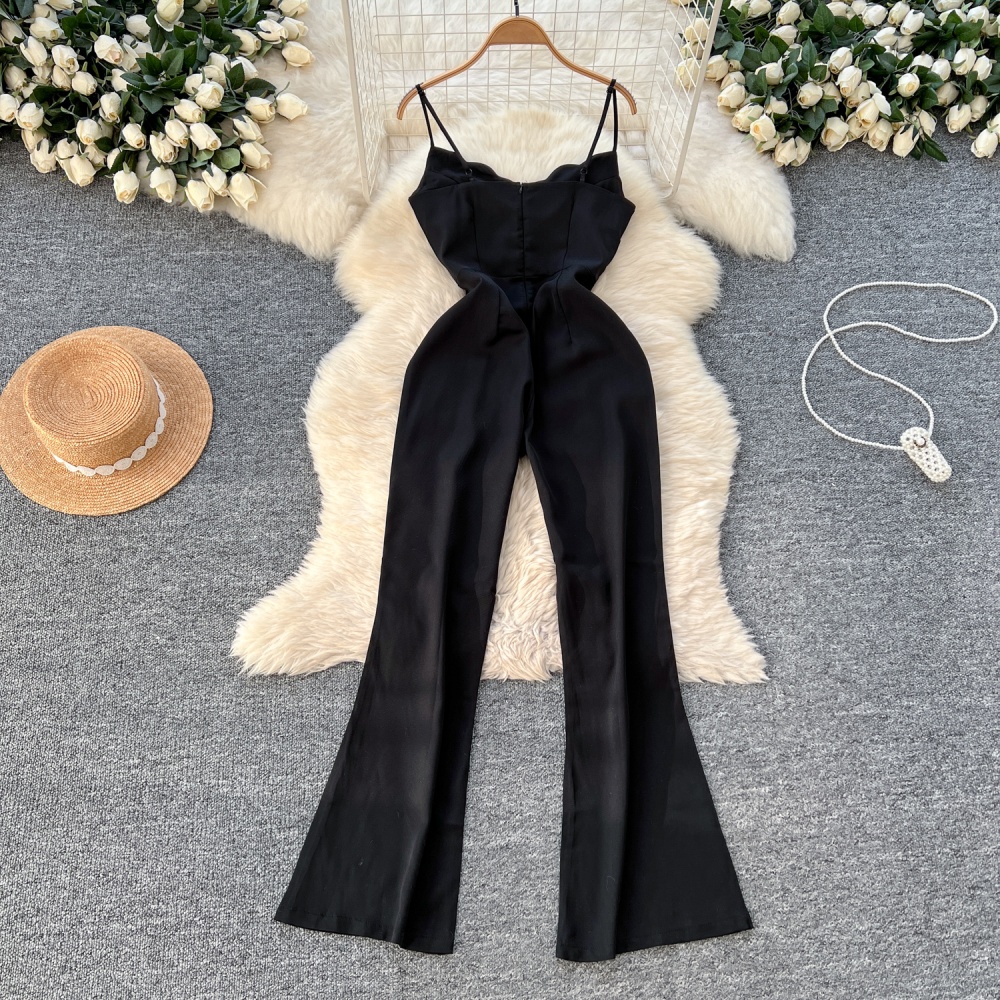 High waist retro long pants wavy edge jumpsuit for women