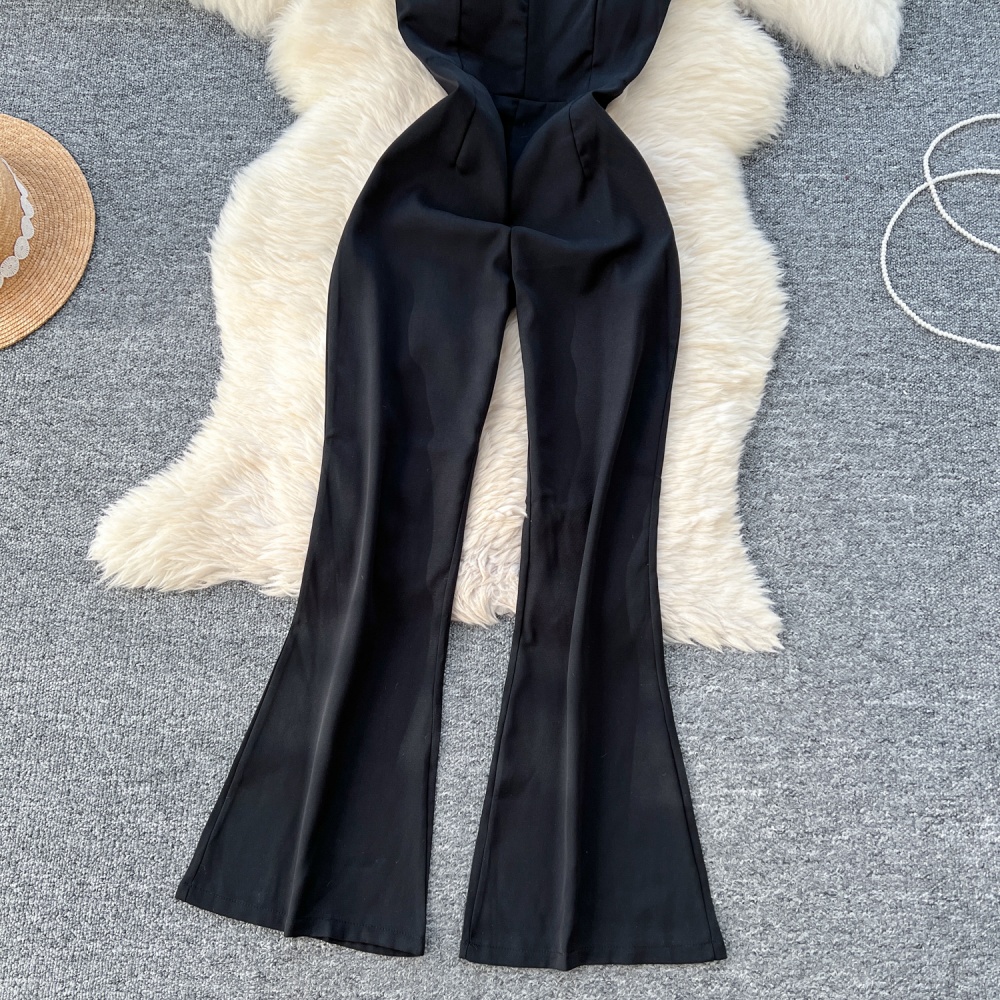 High waist retro long pants wavy edge jumpsuit for women