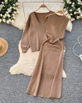 Long sleeve dress knitted vest 2pcs set