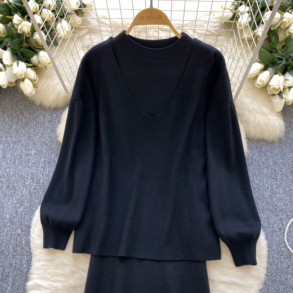 Long sleeve dress knitted vest 2pcs set