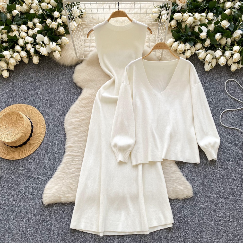 Long sleeve dress knitted vest 2pcs set