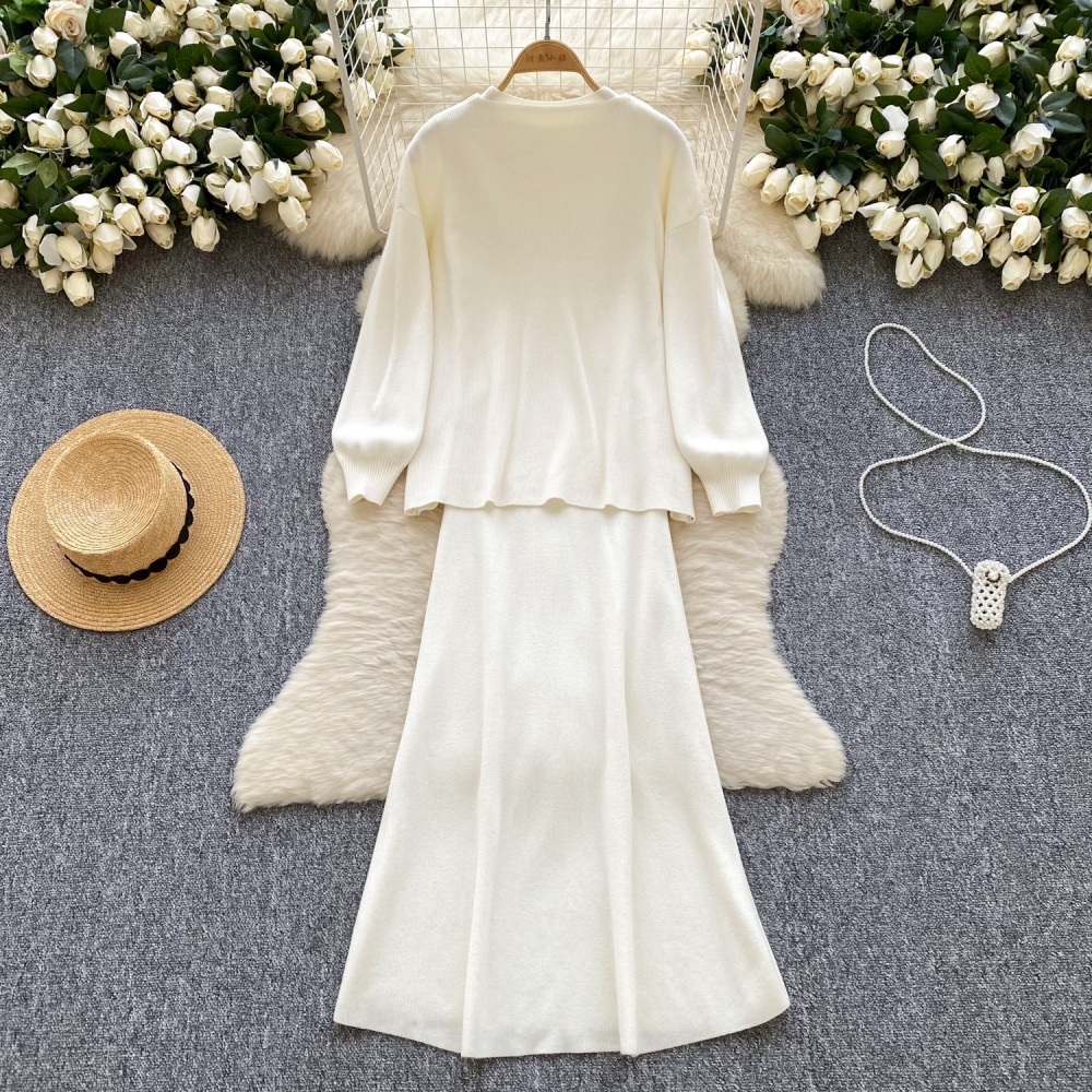 Long sleeve dress knitted vest 2pcs set