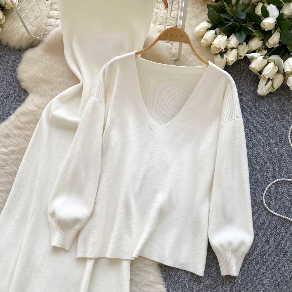 Long sleeve dress knitted vest 2pcs set