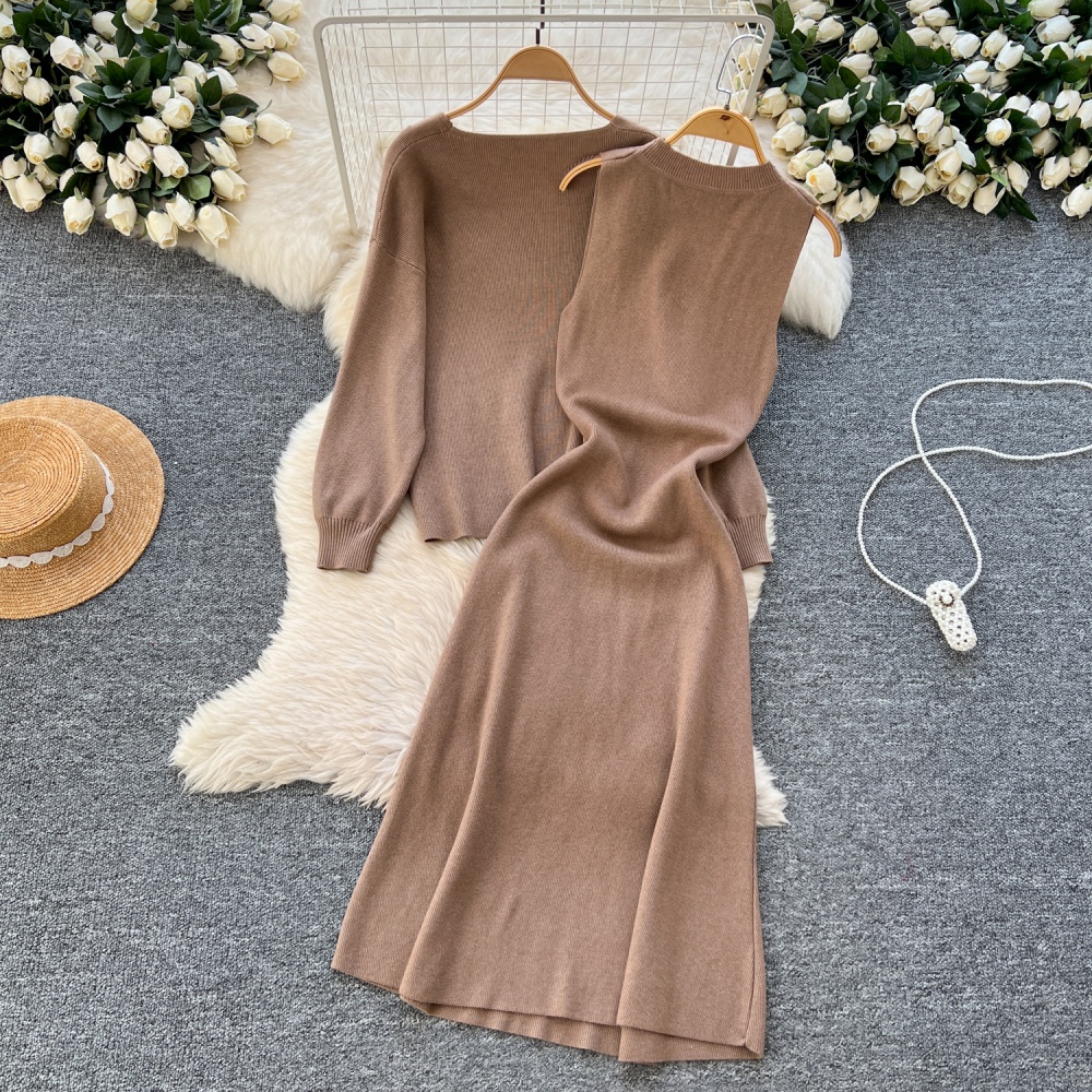 Long sleeve dress knitted vest 2pcs set