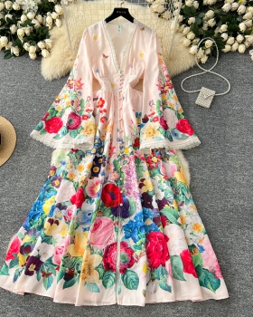 Elegant trumpet sleeves printing dress for women