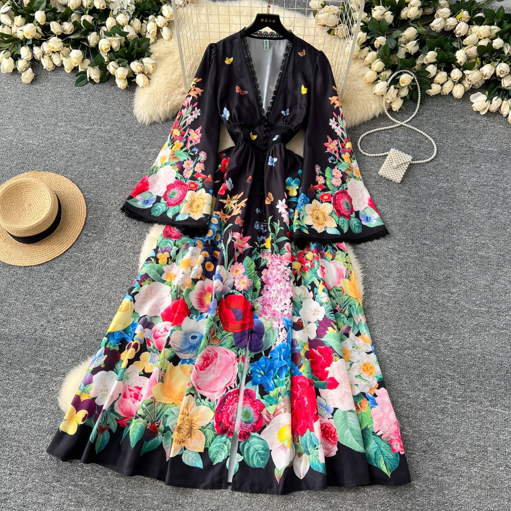 Elegant trumpet sleeves printing dress for women