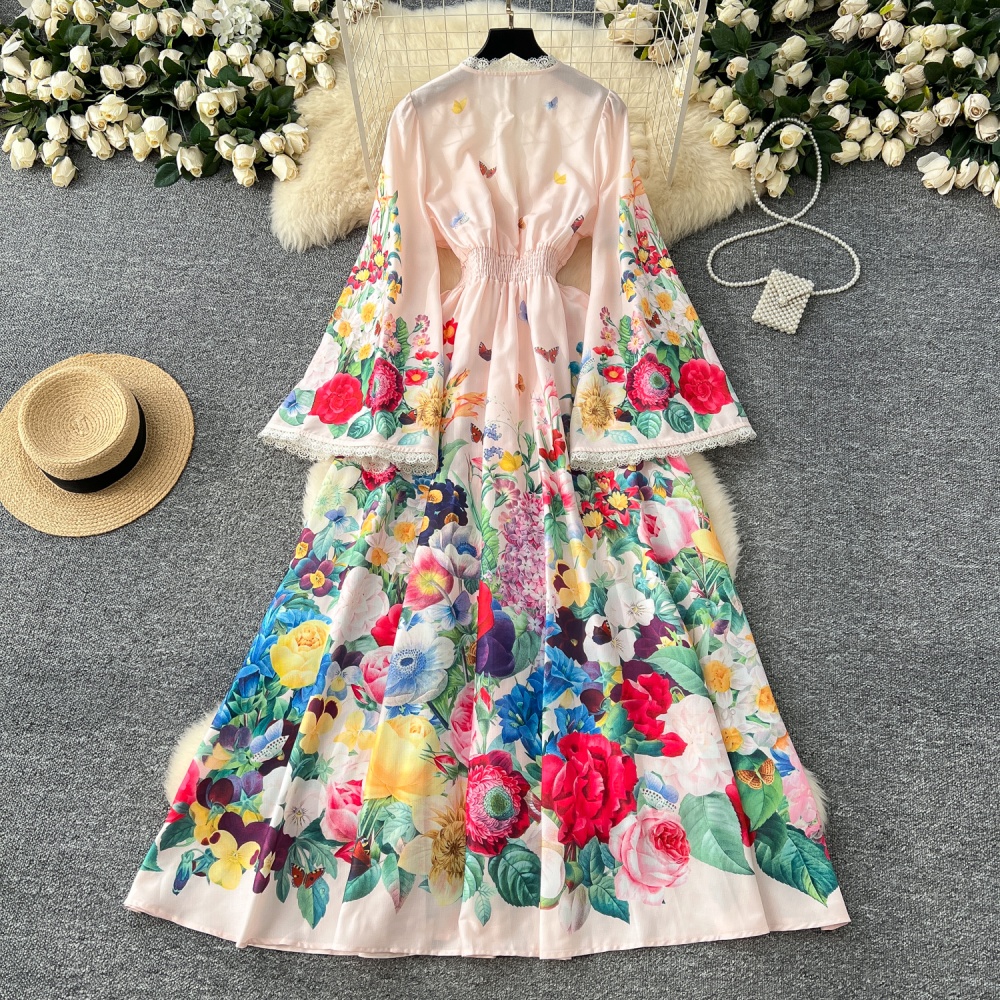 Elegant trumpet sleeves printing dress for women