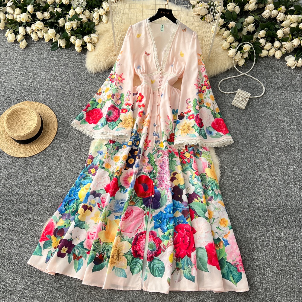 Elegant trumpet sleeves printing dress for women