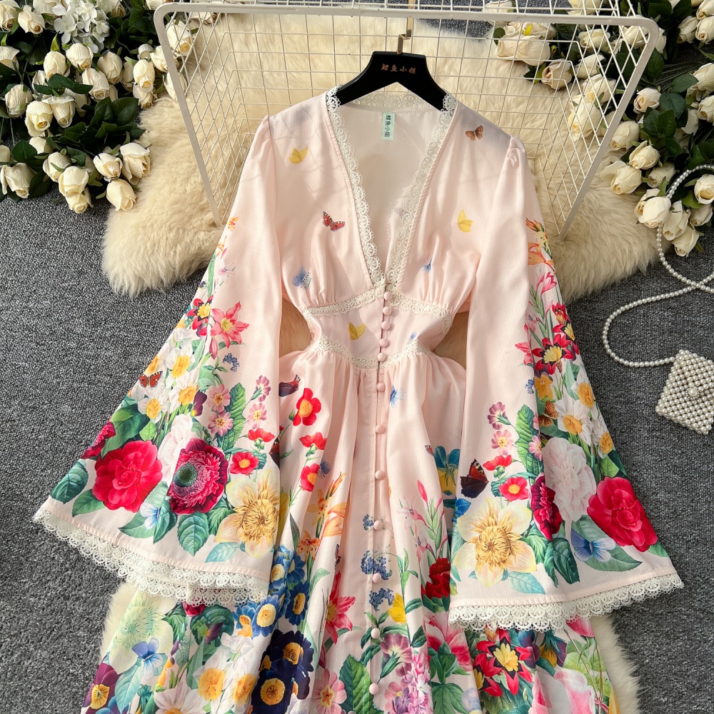 Elegant trumpet sleeves printing dress for women