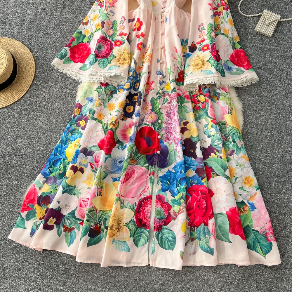 Elegant trumpet sleeves printing dress for women