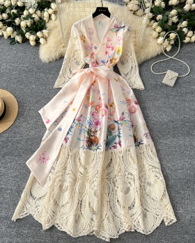 Spring big skirt elegant printing V-neck court style dress