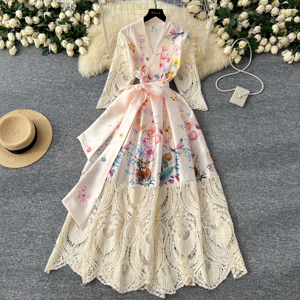 Spring big skirt elegant printing V-neck court style dress