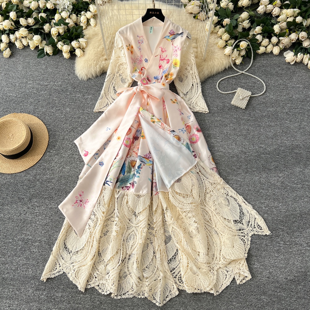 Spring big skirt elegant printing V-neck court style dress