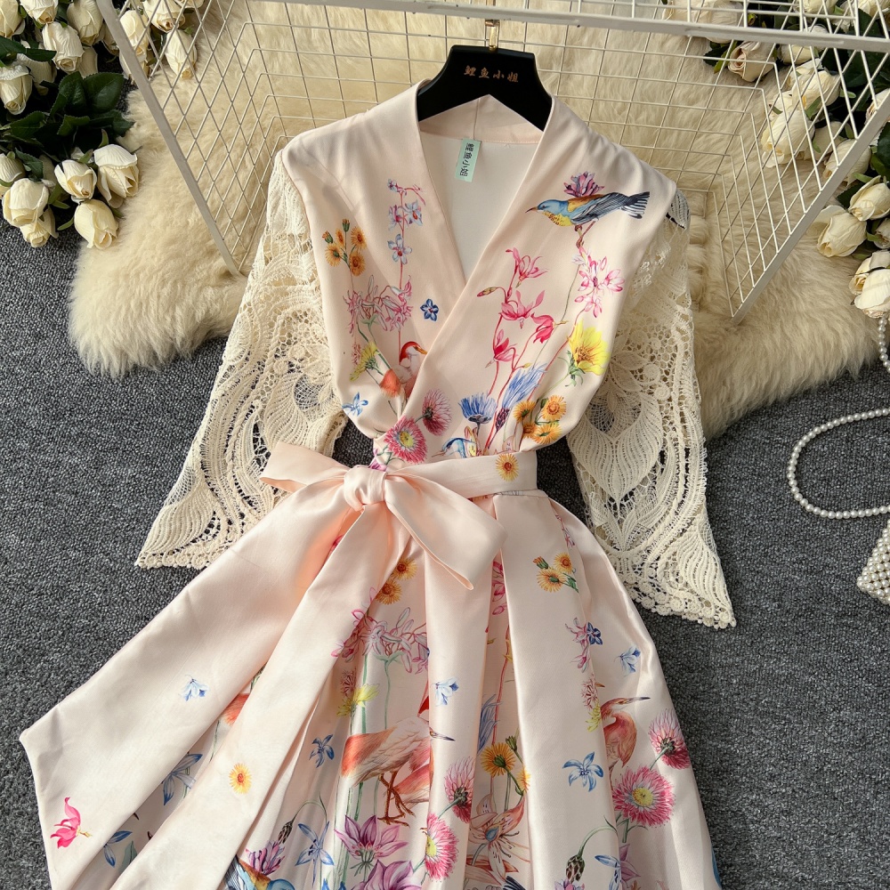 Spring big skirt elegant printing V-neck court style dress