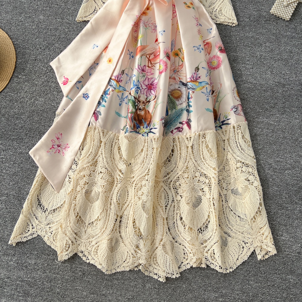 Spring big skirt elegant printing V-neck court style dress