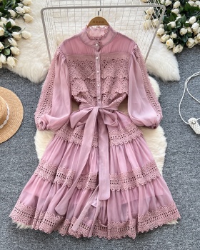 Hollow pinched waist gauze spring dress for women