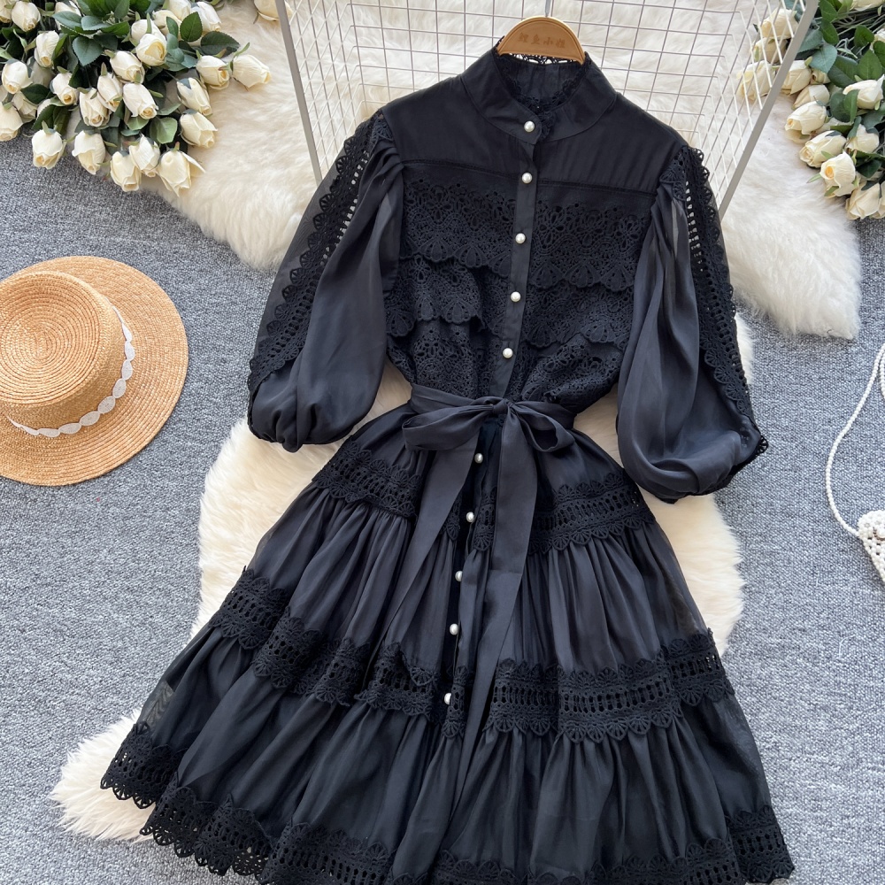 Hollow pinched waist gauze spring dress for women