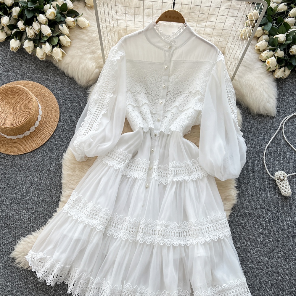 Hollow pinched waist gauze spring dress for women