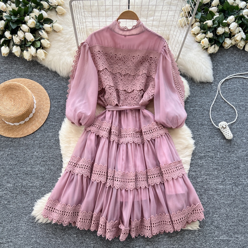 Hollow pinched waist gauze spring dress for women