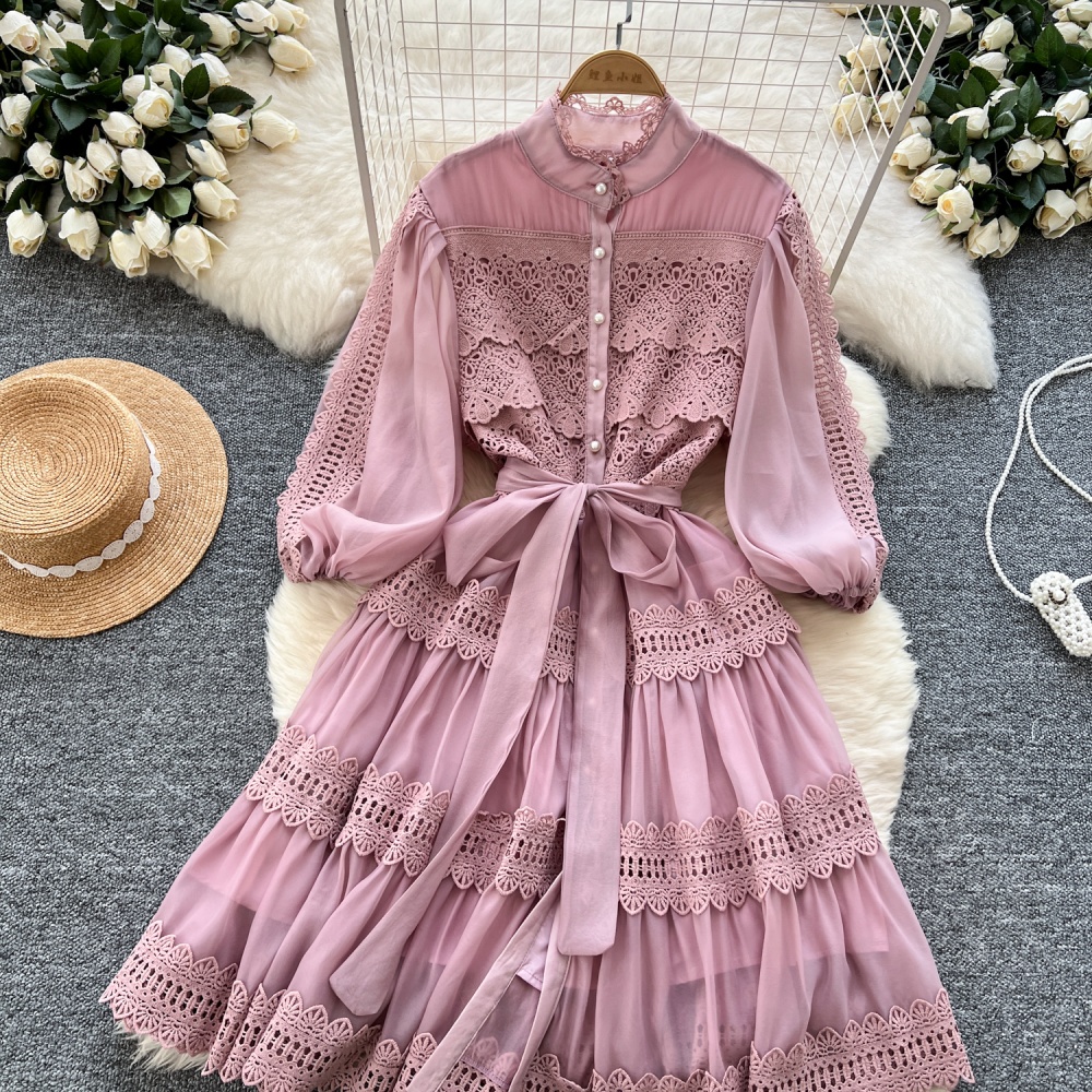 Hollow pinched waist gauze spring dress for women