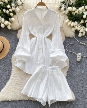 Lantern sleeve white dress pinched waist shirt a set