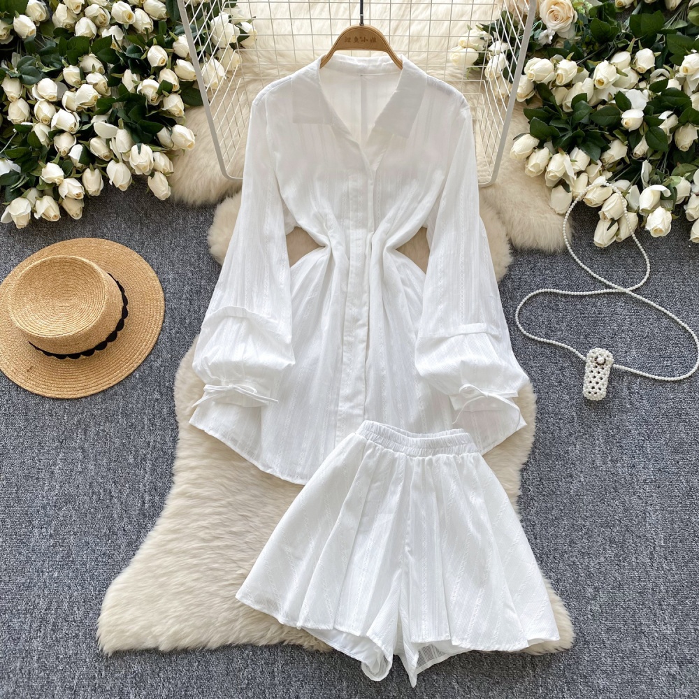 Lantern sleeve white dress pinched waist shirt a set