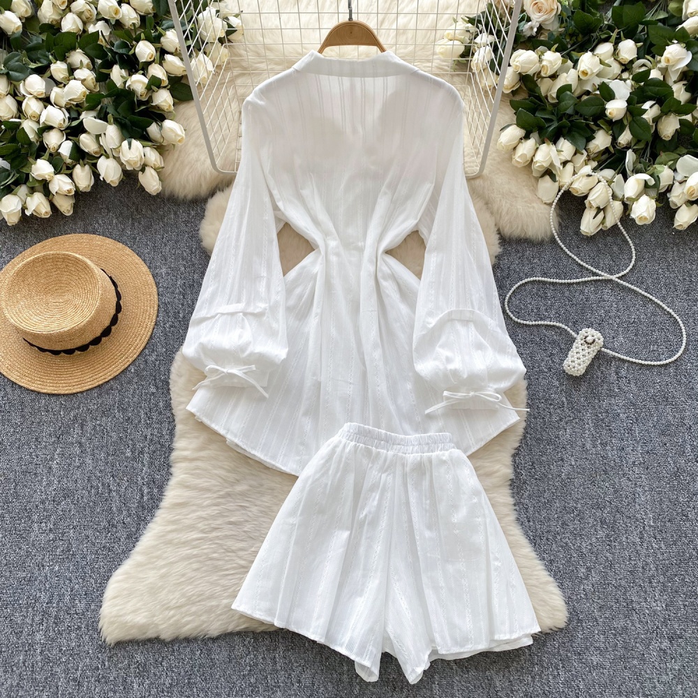 Lantern sleeve white dress pinched waist shirt a set