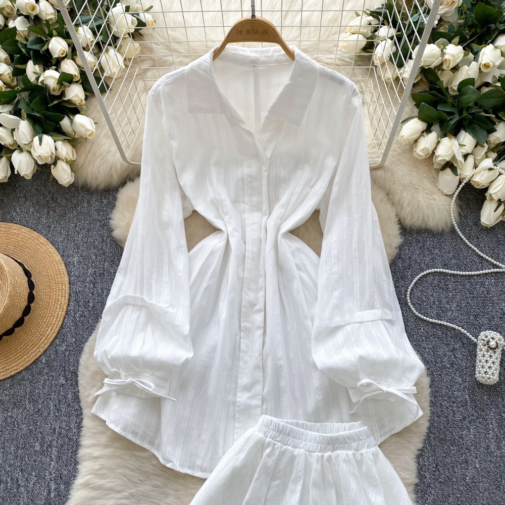 Lantern sleeve white dress pinched waist shirt a set