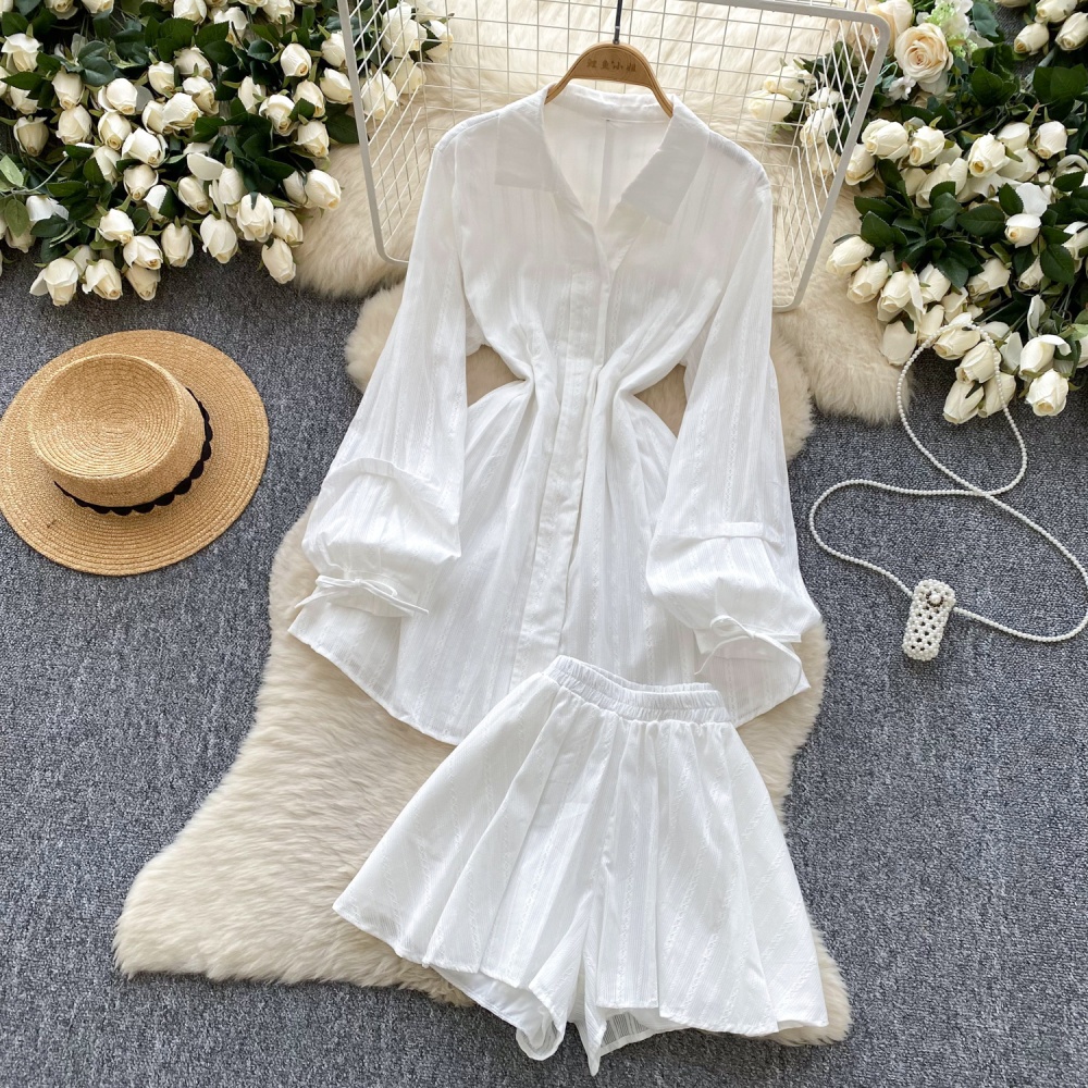 Lantern sleeve white dress pinched waist shirt a set