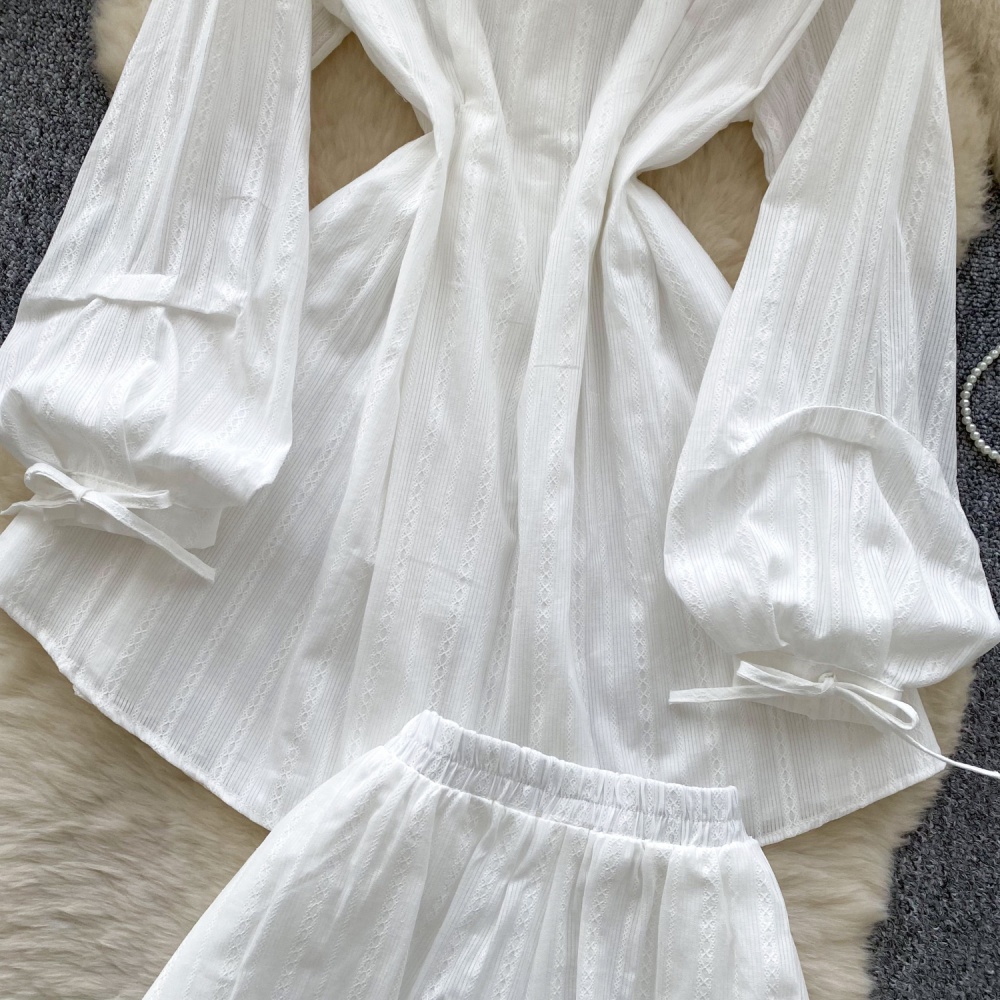 Lantern sleeve white dress pinched waist shirt a set