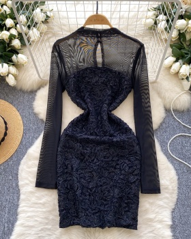 Long sleeve perspective slim dress sequins sexy formal dress